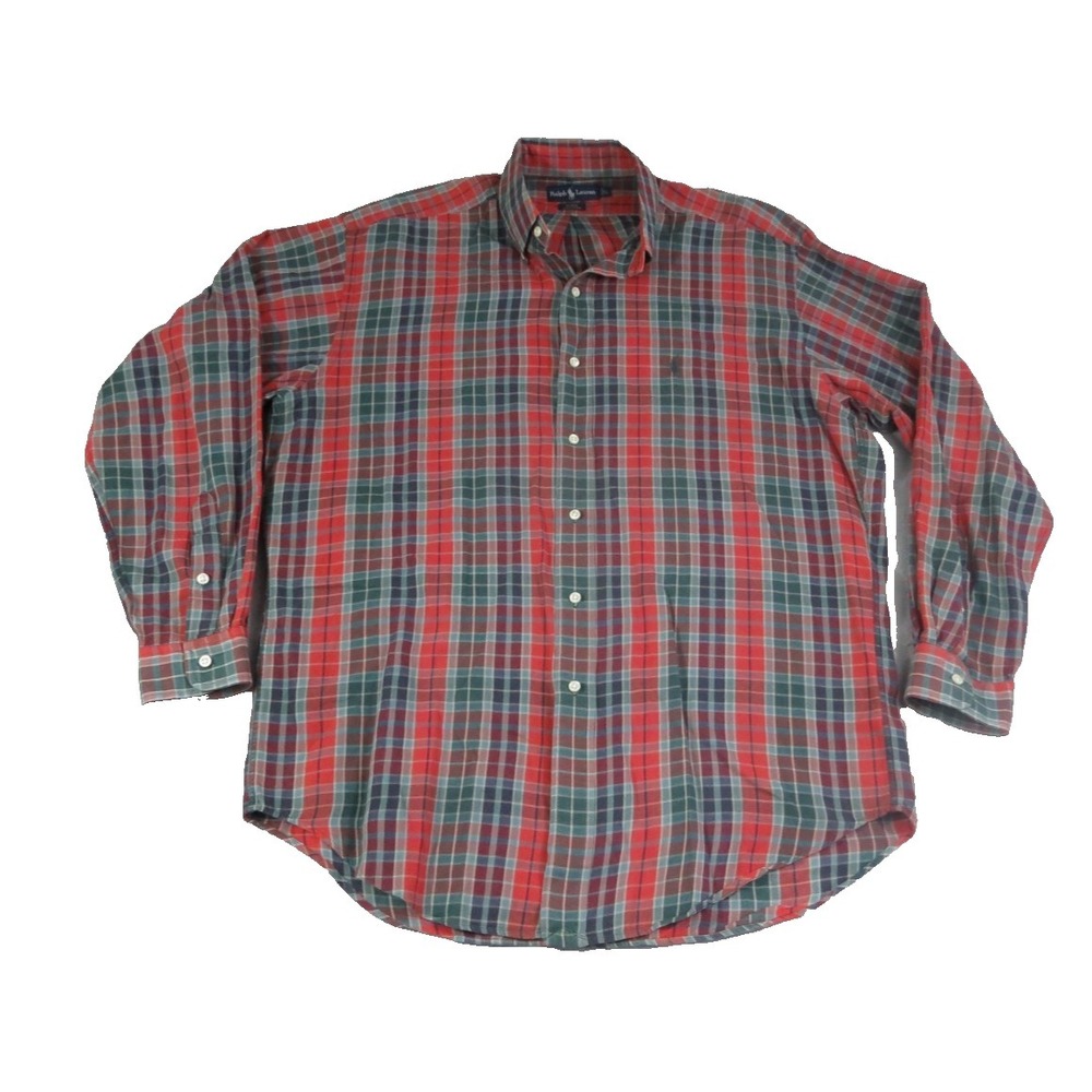 Ralph Lauren Blake Shirt Mens Large L Red Green Plaid Cotton Long Sleeve Vintage